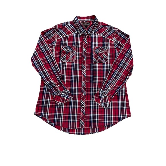 Rock & Roll Cowboy Up Western Themed Album Pearl Snap Rodeo Red Plaid Shirt XL - Picture 4 of 15